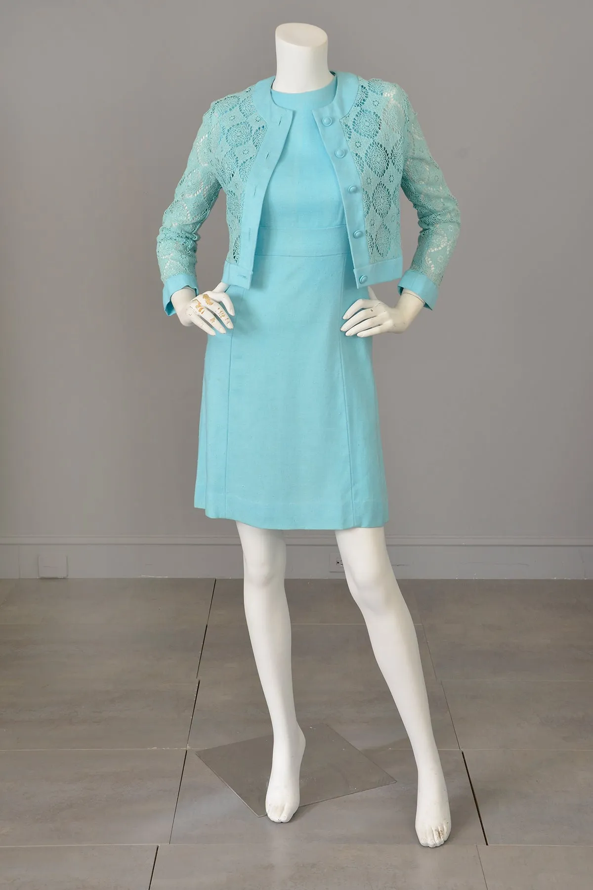 1970s Sky Blue Scooter Dress and Matching Crochet Lace Blouse Jacket