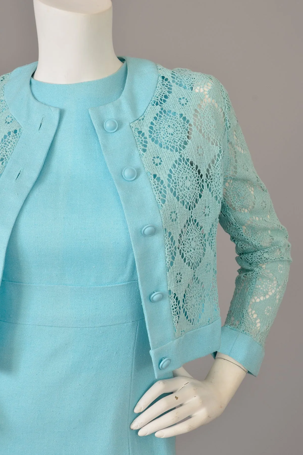 1970s Sky Blue Scooter Dress and Matching Crochet Lace Blouse Jacket