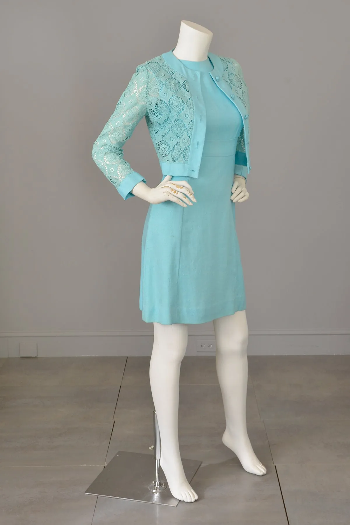 1970s Sky Blue Scooter Dress and Matching Crochet Lace Blouse Jacket