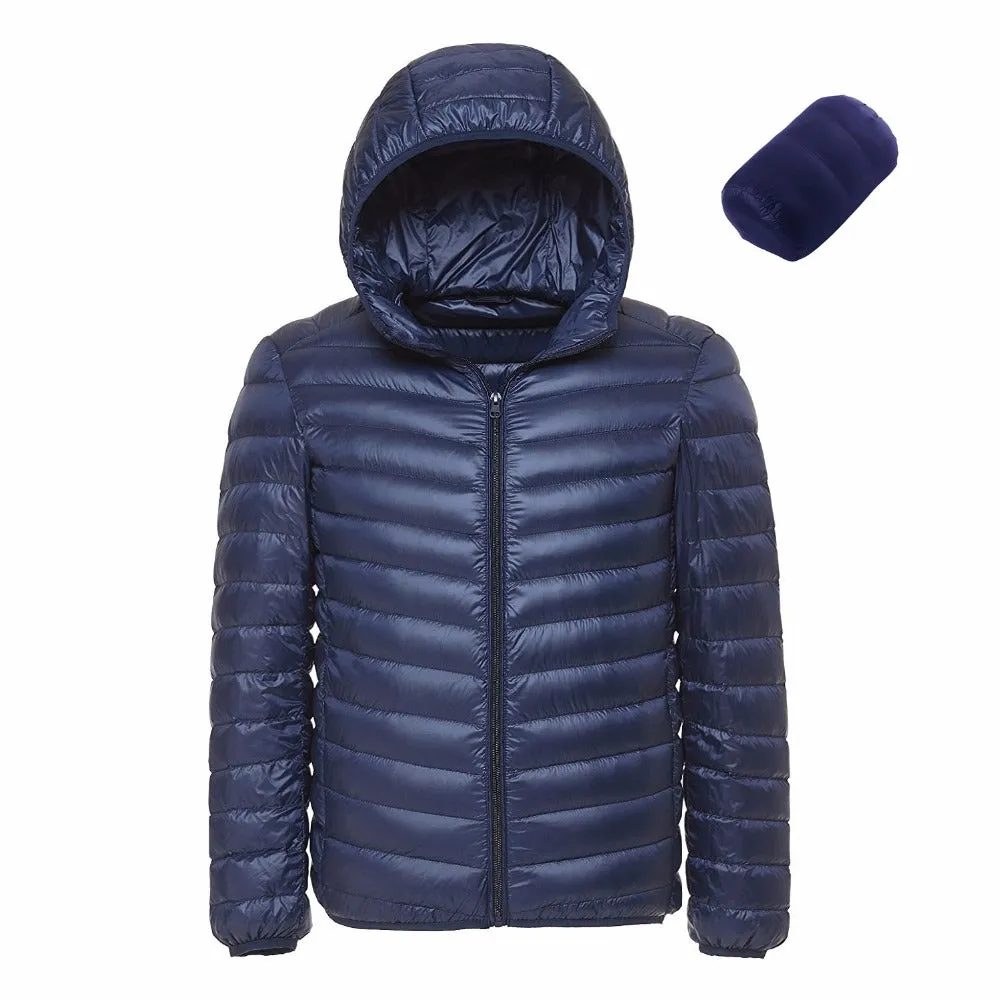 2019 Men Hooded UltraLight White Duck Down Jacket Warm Jacket Line Portable Package men pack jacket