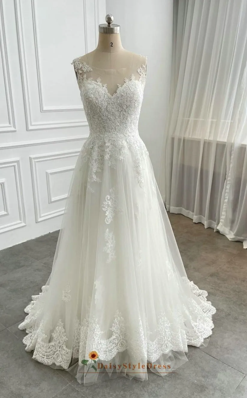 A line Illusion Lace Wedding Dress