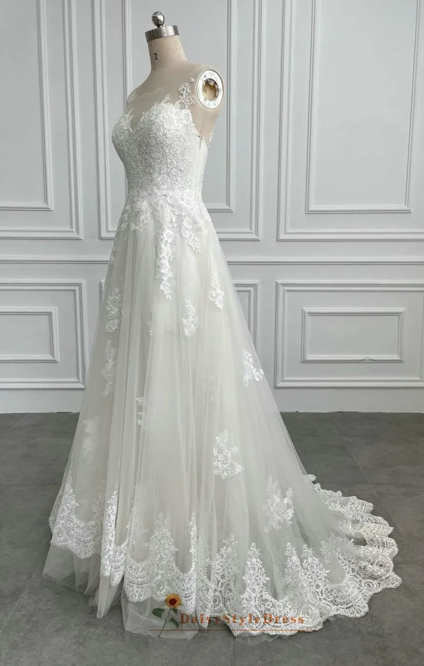 A line Illusion Lace Wedding Dress