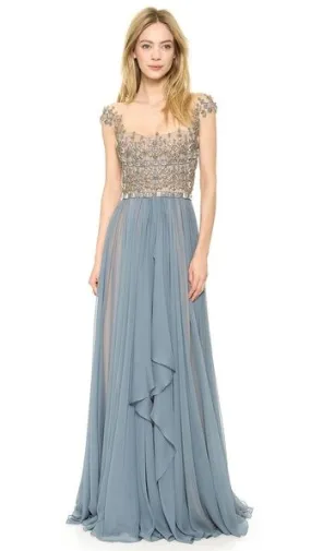 A line Square Neckline Beaded Silver Grey Prom Dress