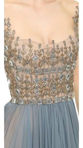 A line Square Neckline Beaded Silver Grey Prom Dress