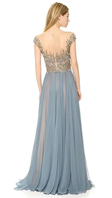 A line Square Neckline Beaded Silver Grey Prom Dress