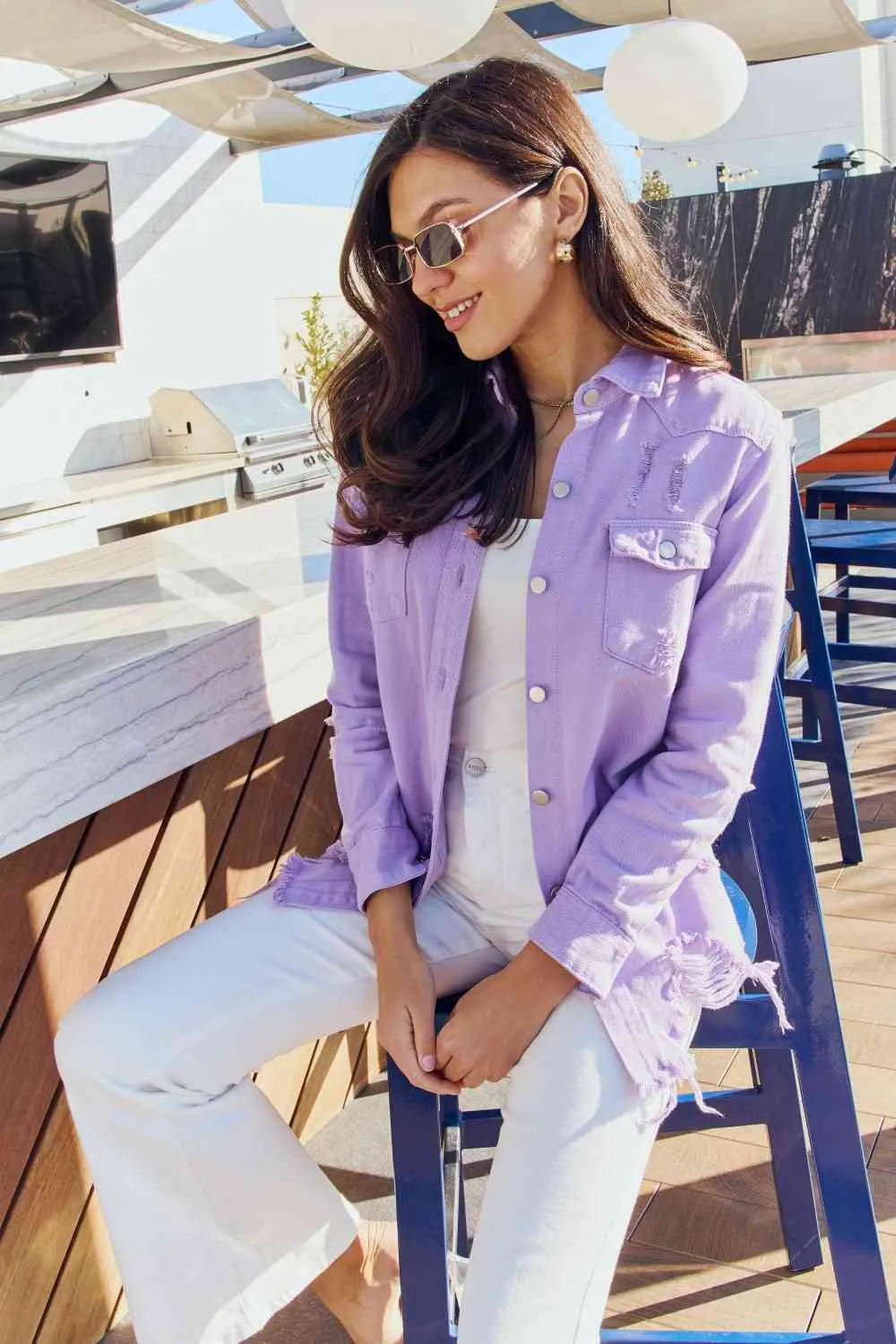 American Bazi Full Size Distressed Button Down Denim Jacket in Lavender