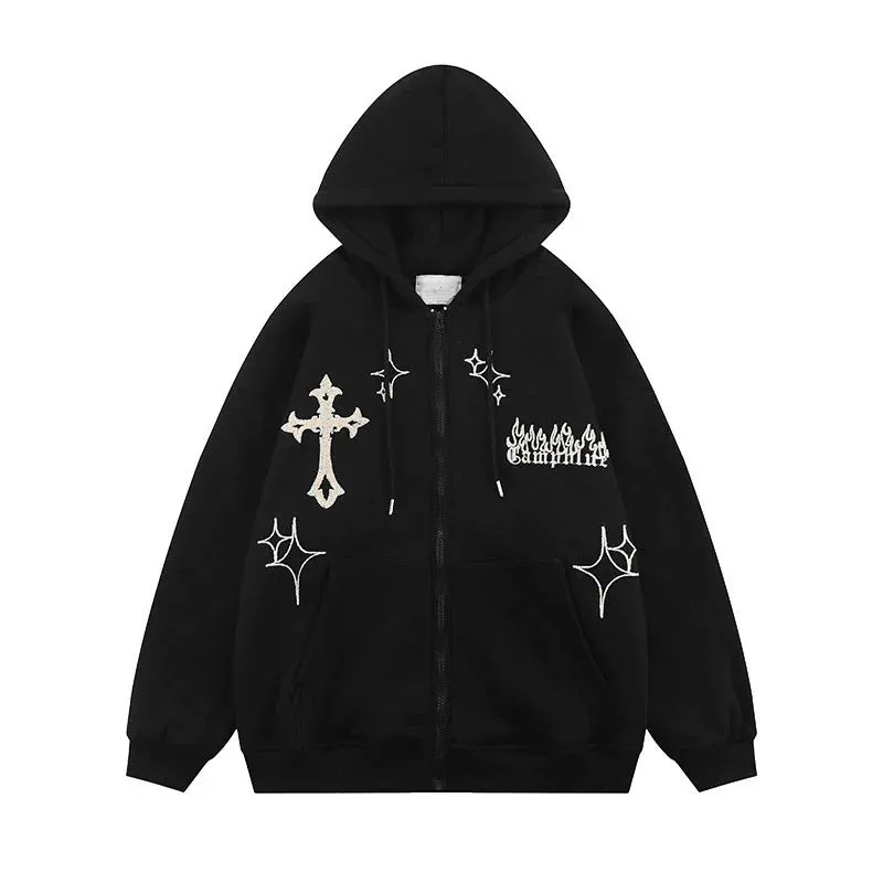 Amozae-Fall Outfits Streetwear y2k 90s Fashion Gothic Y2K Aesthetic Vintage Slim Sweatshirts Embroidery Graphic Pattern Zip Up Hoodies 2000s Retro Grunge Mall Goth Jacket Autumn Coat