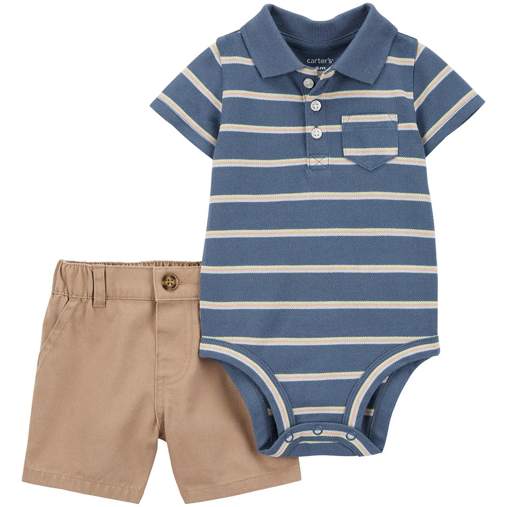 Baby Boys' 2-Piece Striped Polo Bodysuit & Shorts Set 1Q554810