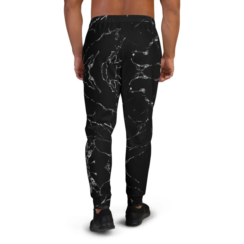 Black Abstract Men's Joggers, Grey Marble Print Casual Premium Sweatpants-Made in EU