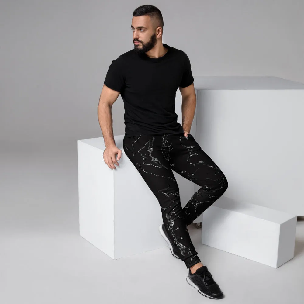 Black Abstract Men's Joggers, Grey Marble Print Casual Premium Sweatpants-Made in EU