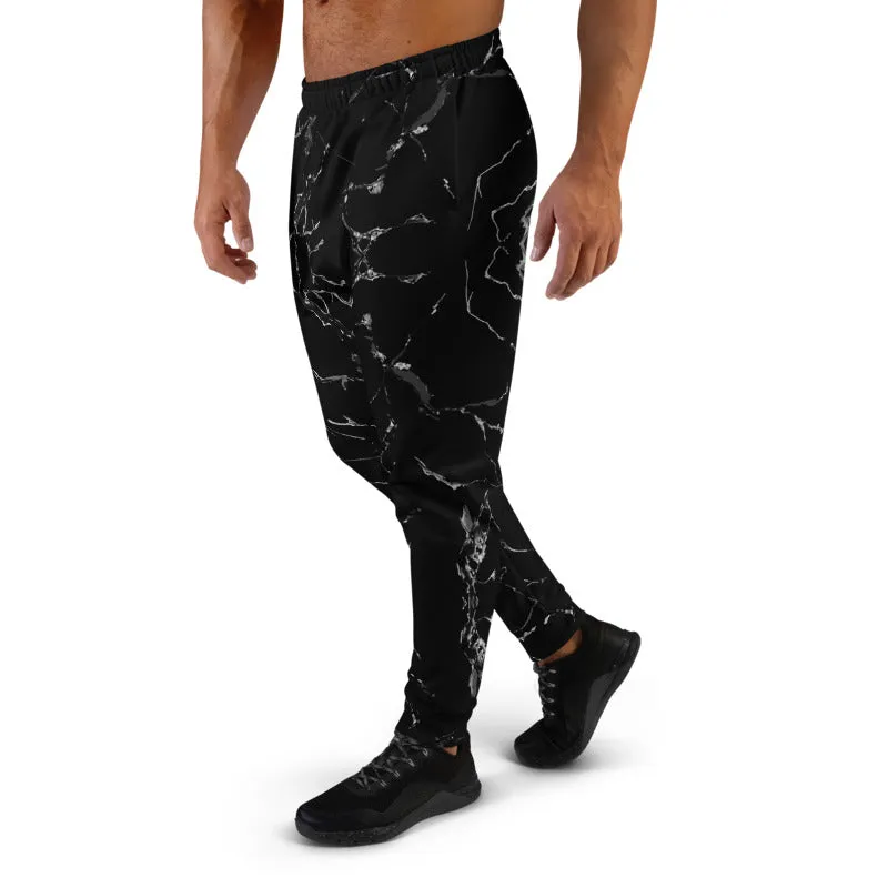 Black Abstract Men's Joggers, Grey Marble Print Casual Premium Sweatpants-Made in EU