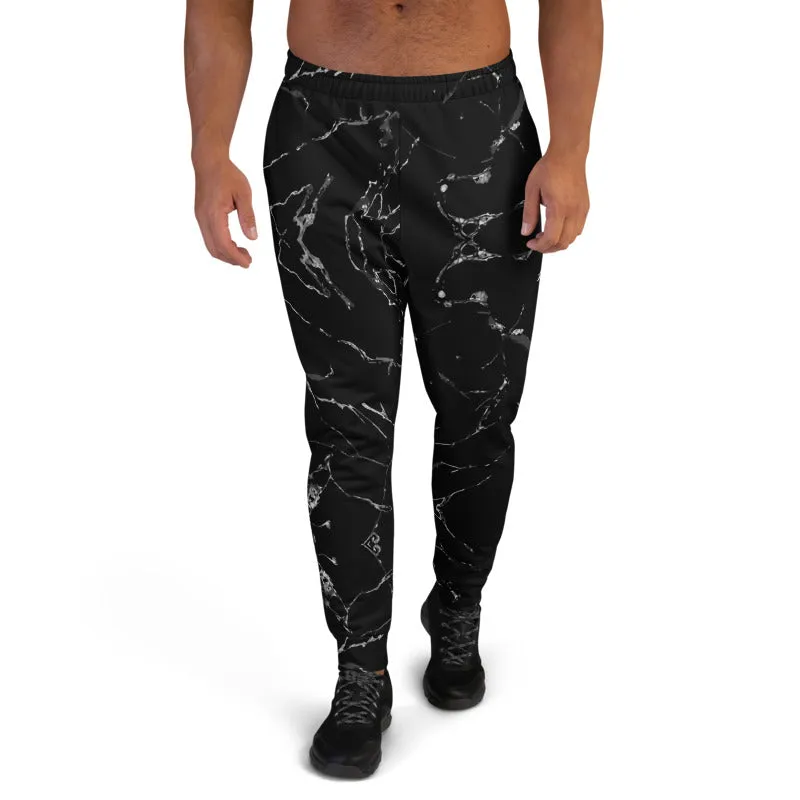 Black Abstract Men's Joggers, Grey Marble Print Casual Premium Sweatpants-Made in EU