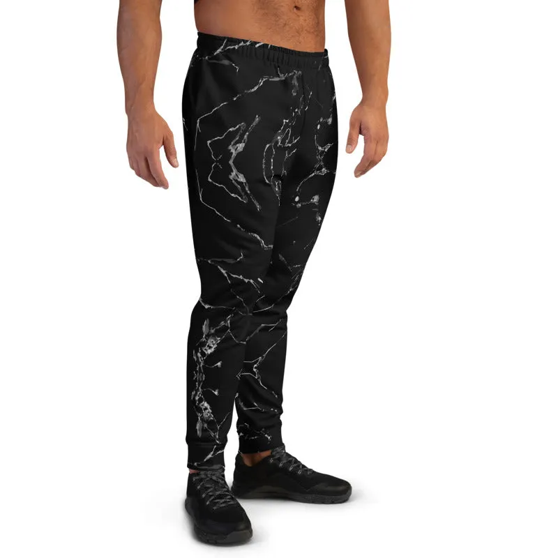 Black Abstract Men's Joggers, Grey Marble Print Casual Premium Sweatpants-Made in EU