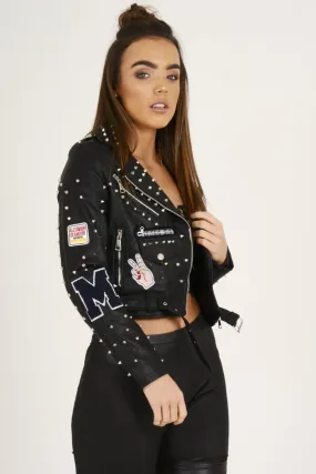 Black Badge Detail Studded Leather Jacket - Leslie