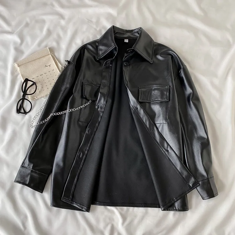 Black Grunge Aesthetic Pu Leather Loose Shirt Jacket