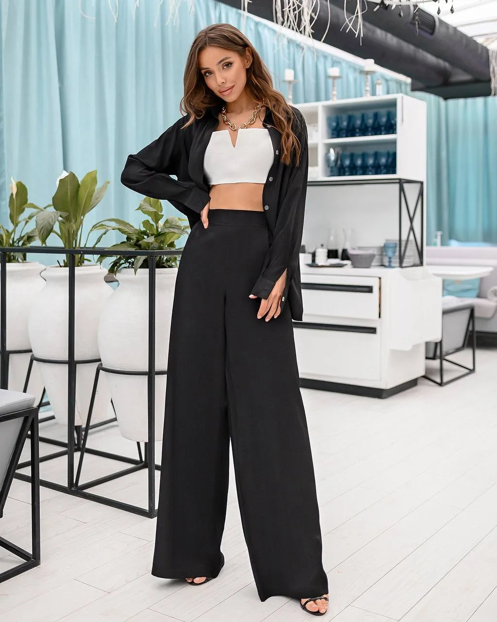 Black Shirt & High Waist Pants 2-Piece Set