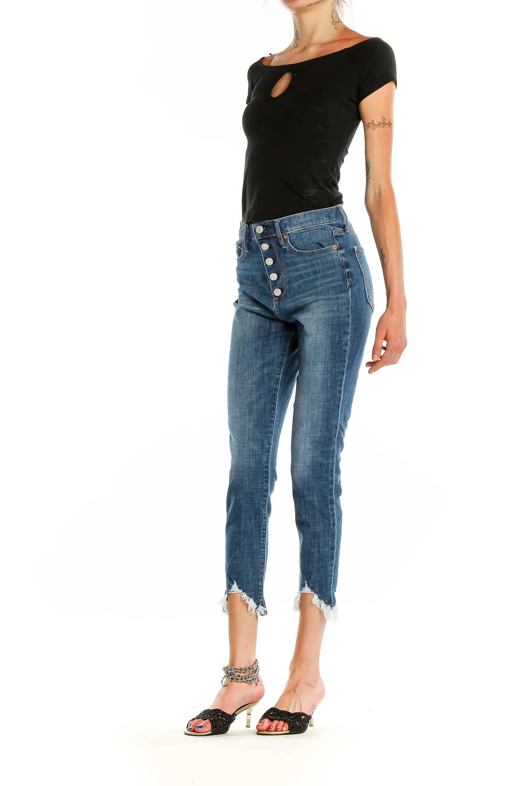 Blue Button-Fly Cropped Jeans