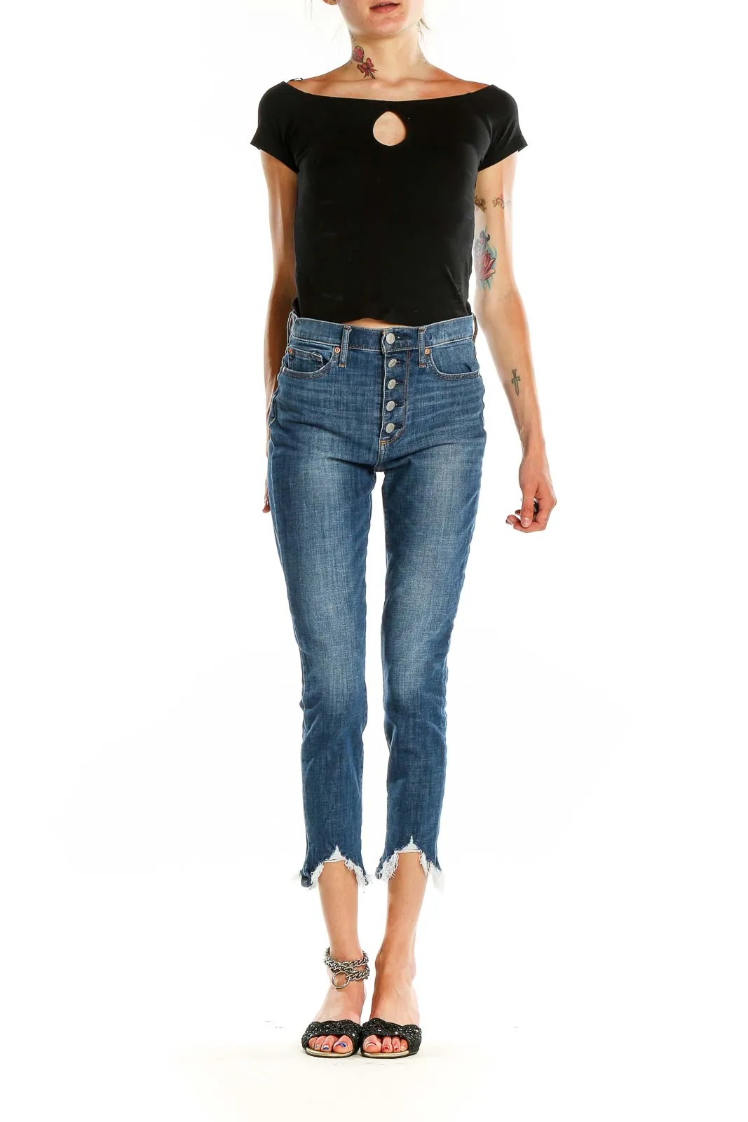 Blue Button-Fly Cropped Jeans