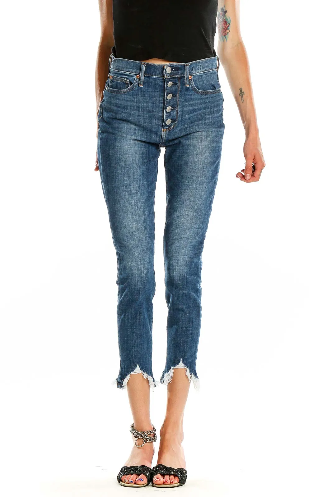 Blue Button-Fly Cropped Jeans