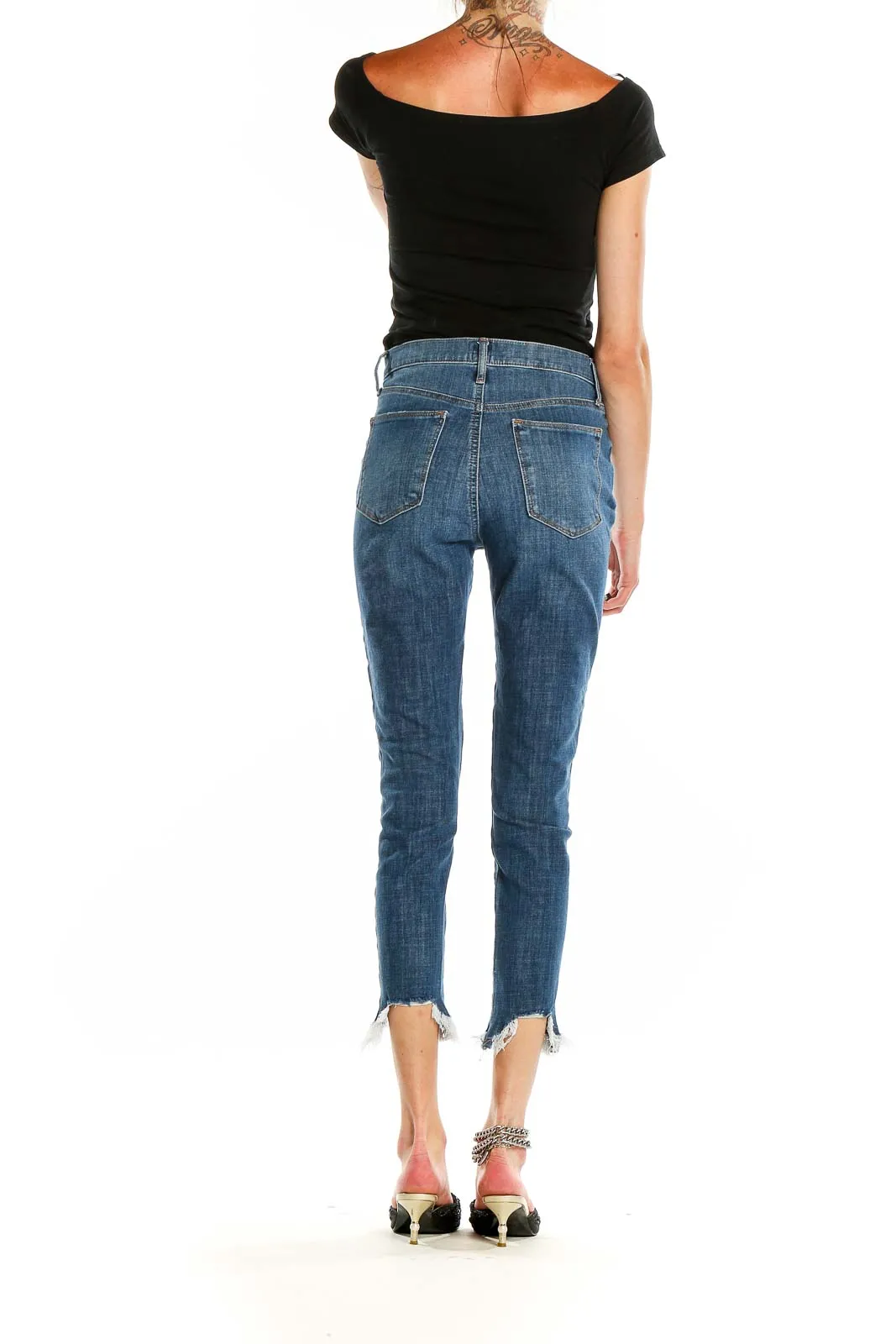 Blue Button-Fly Cropped Jeans