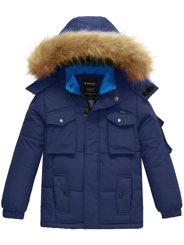 Boys Winter Parka Puffer Jacket with Removable Faux Fur Hood