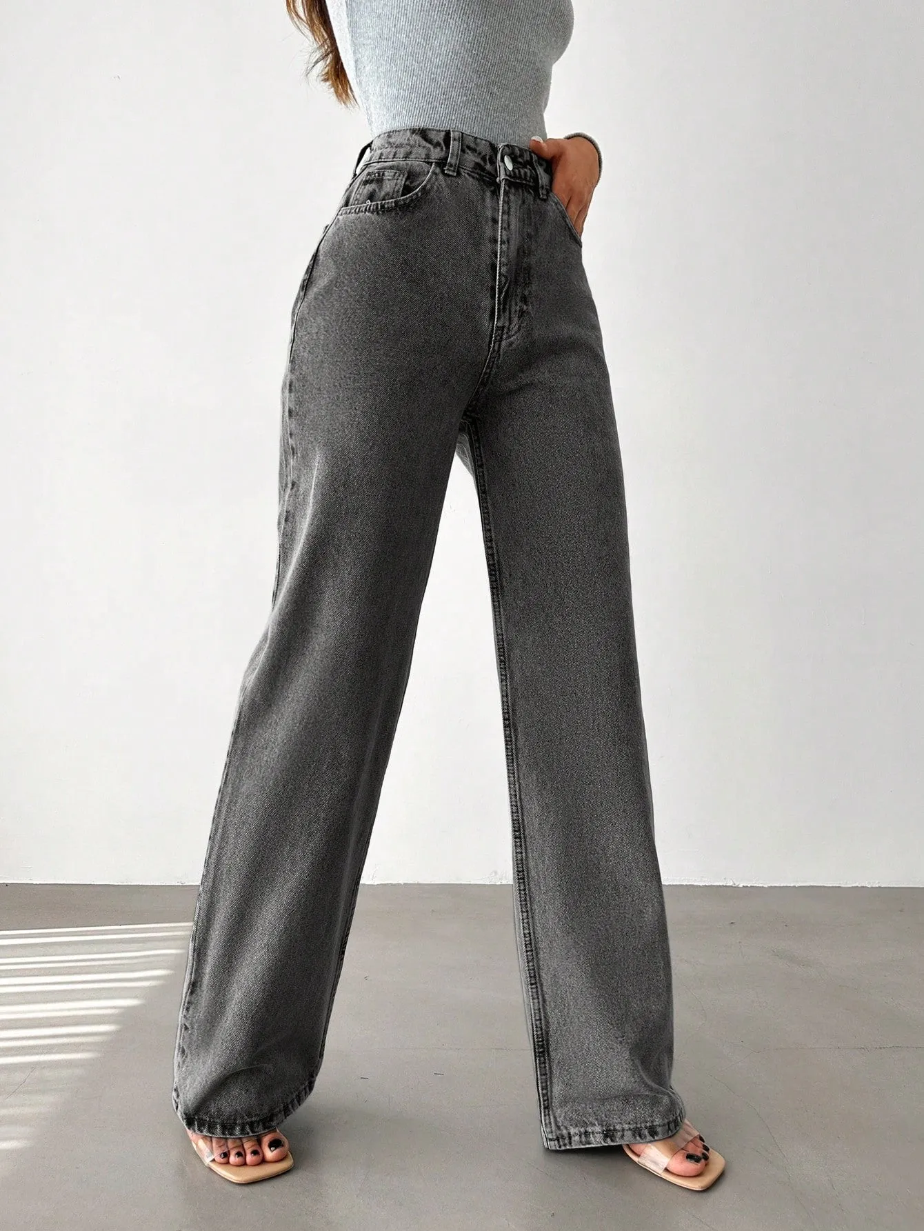 Charcoal Wide Leg High Rise Jeans