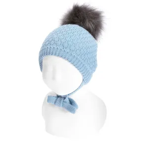 Cloud Blue Faux Fur Pom Pom Hat with Ties