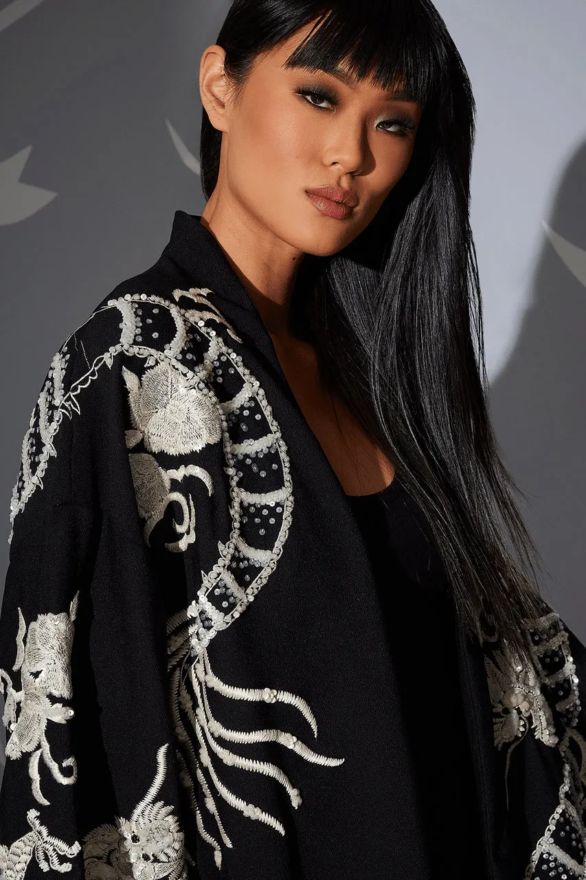 Compact Knit Crepe Embroidered Dragon Caban Jacket