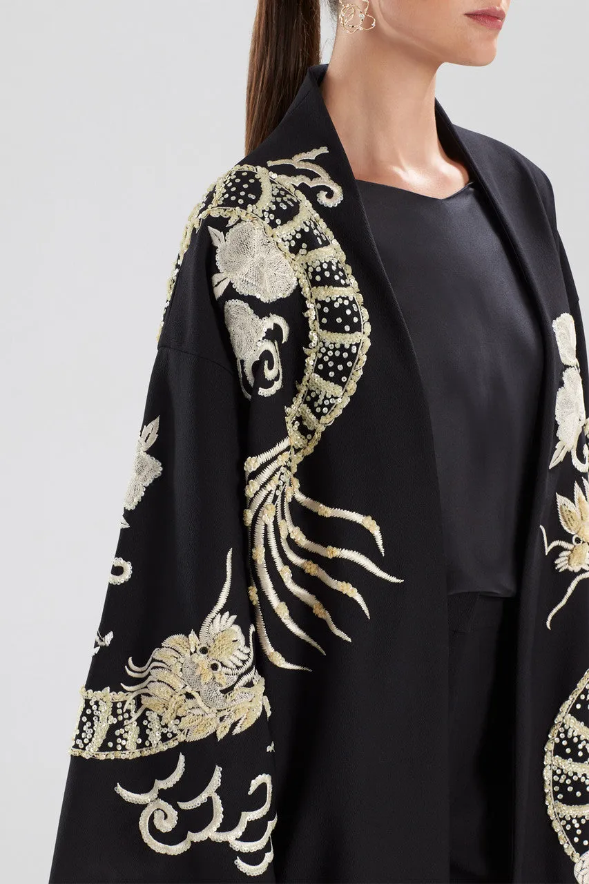 Compact Knit Crepe Embroidered Dragon Caban Jacket