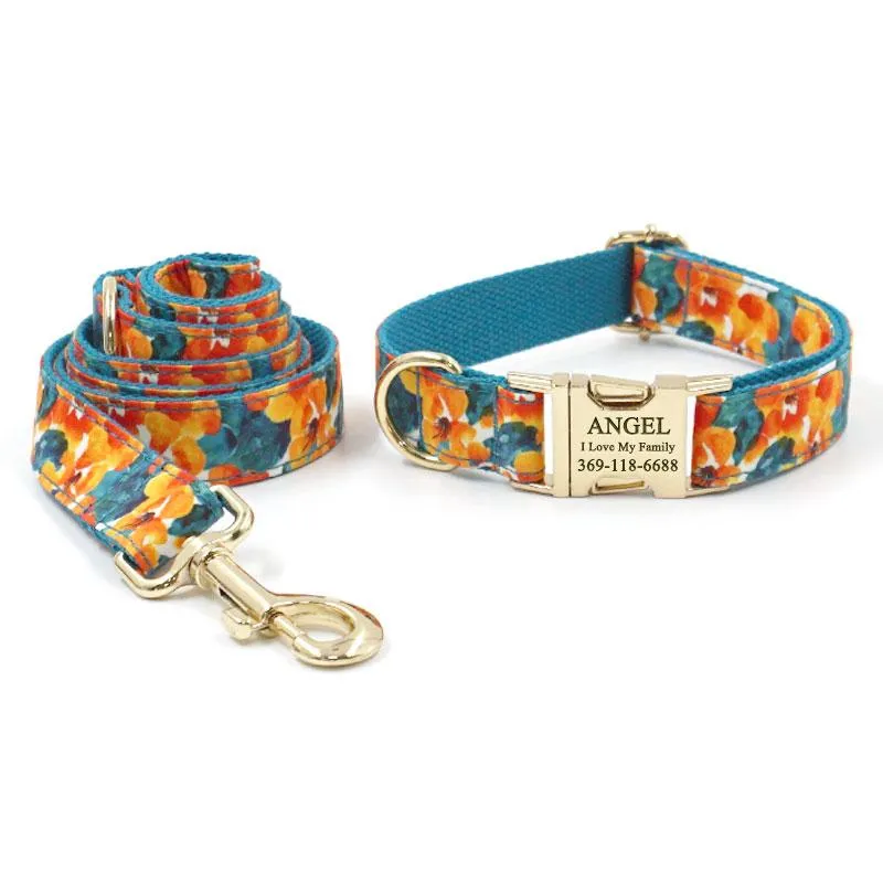 Custom Dog Collar Engraved Quick Release Gold Metal Buckle Blue Hawaii Printed