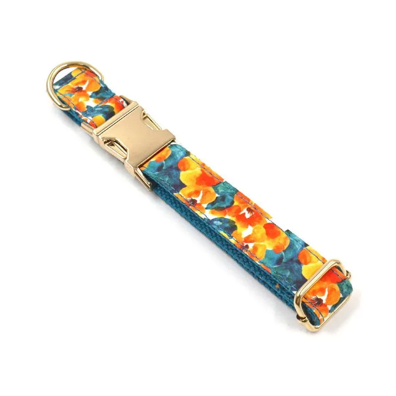 Custom Dog Collar Engraved Quick Release Gold Metal Buckle Blue Hawaii Printed