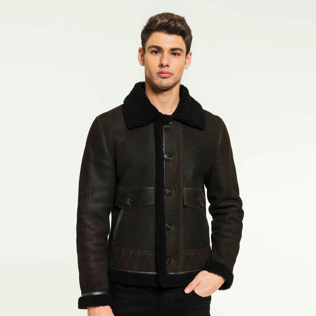 Dark Green & Black Aviator Shearling Jacket