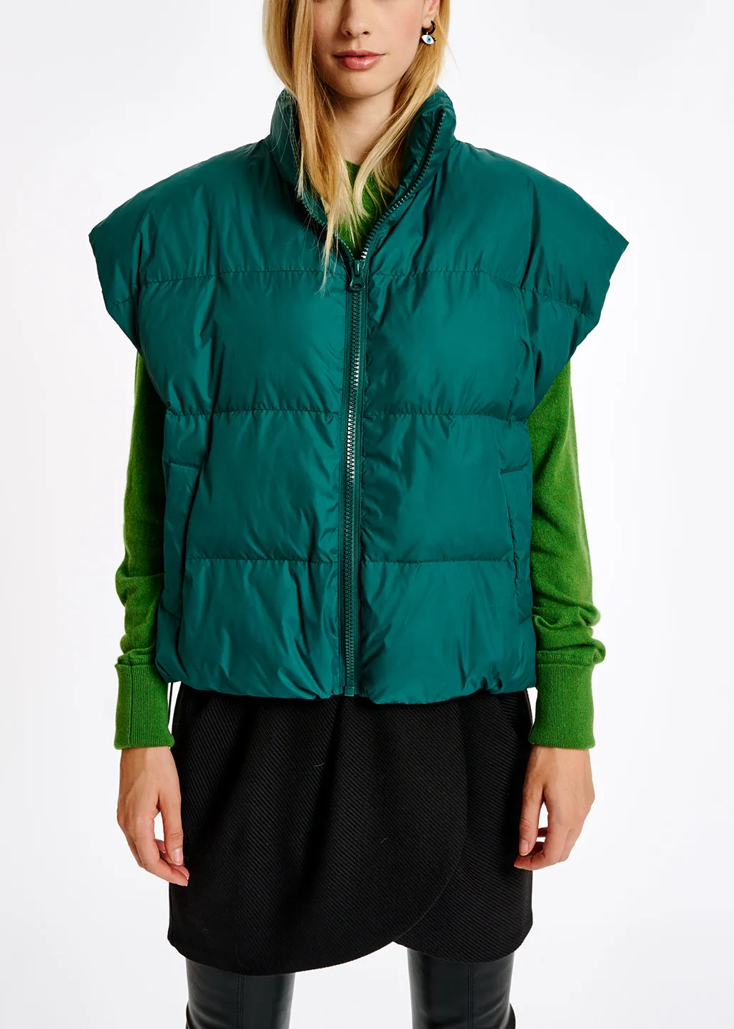 Dark green sleeveless puffer jacket