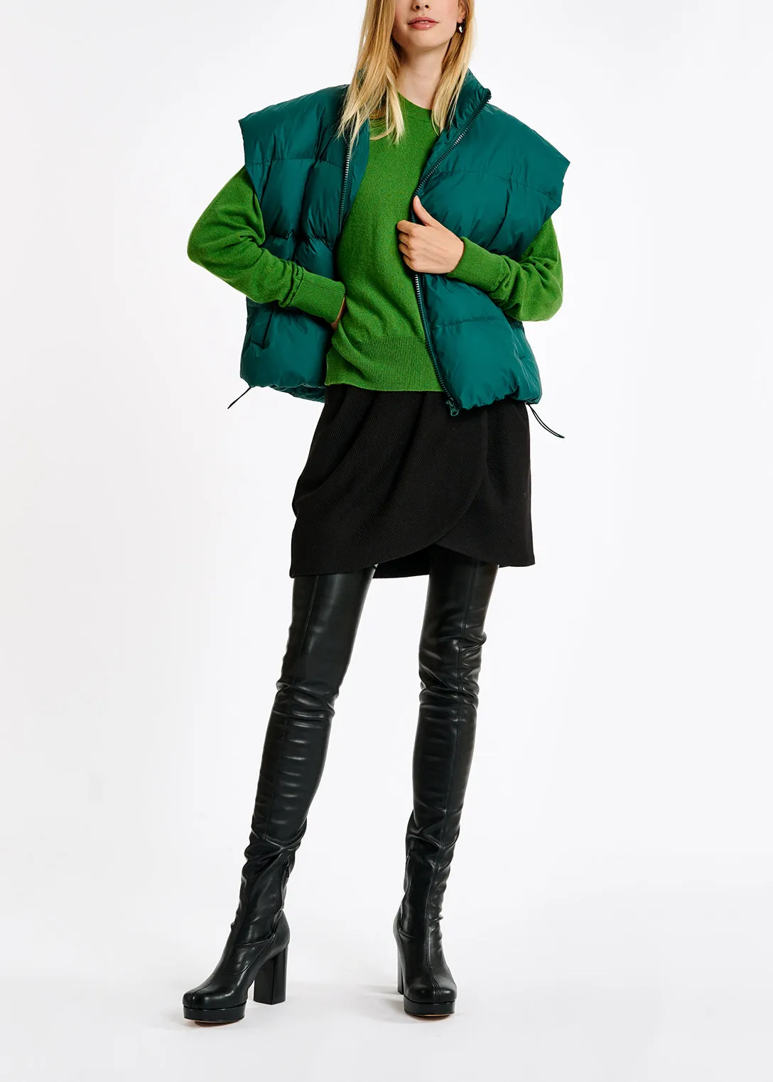 Dark green sleeveless puffer jacket