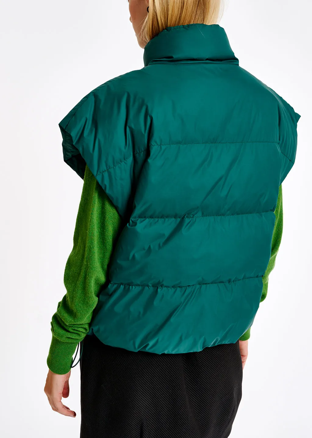 Dark green sleeveless puffer jacket