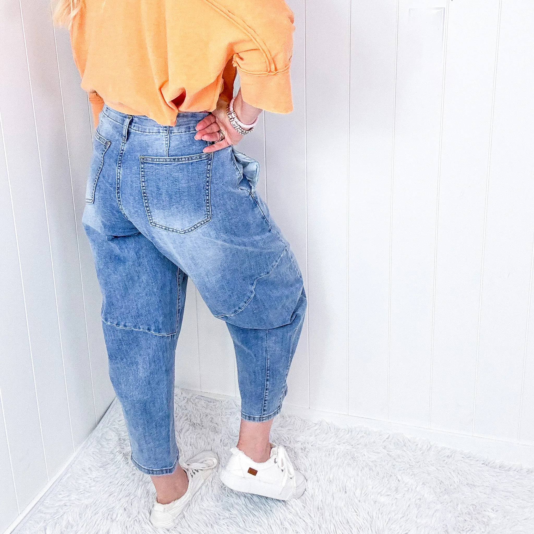 Easel Barrel Washed Denim Baggy Pants in Blue