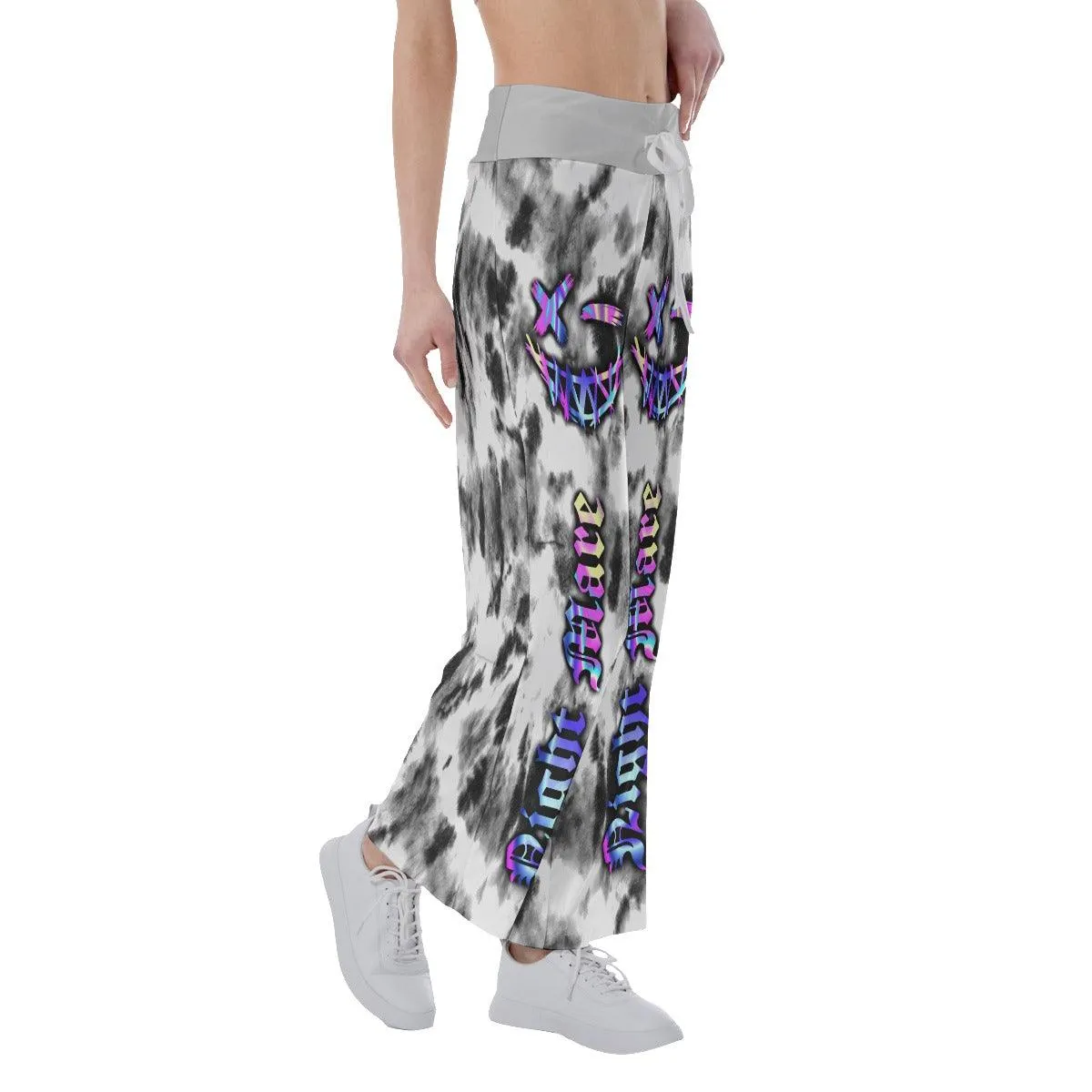 Face Smile Tiedye Gray White High-waisted Wide Leg Pants