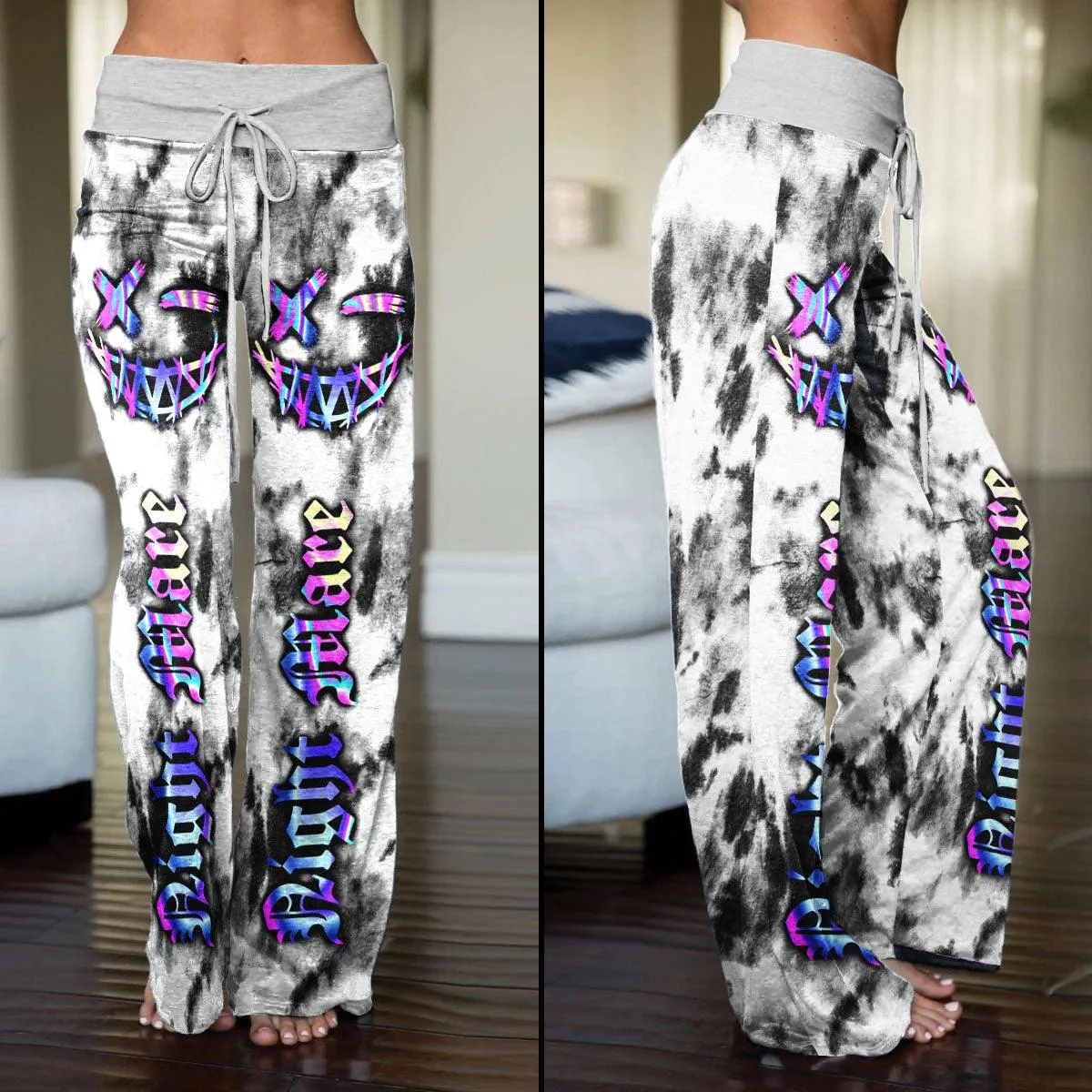 Face Smile Tiedye Gray White High-waisted Wide Leg Pants