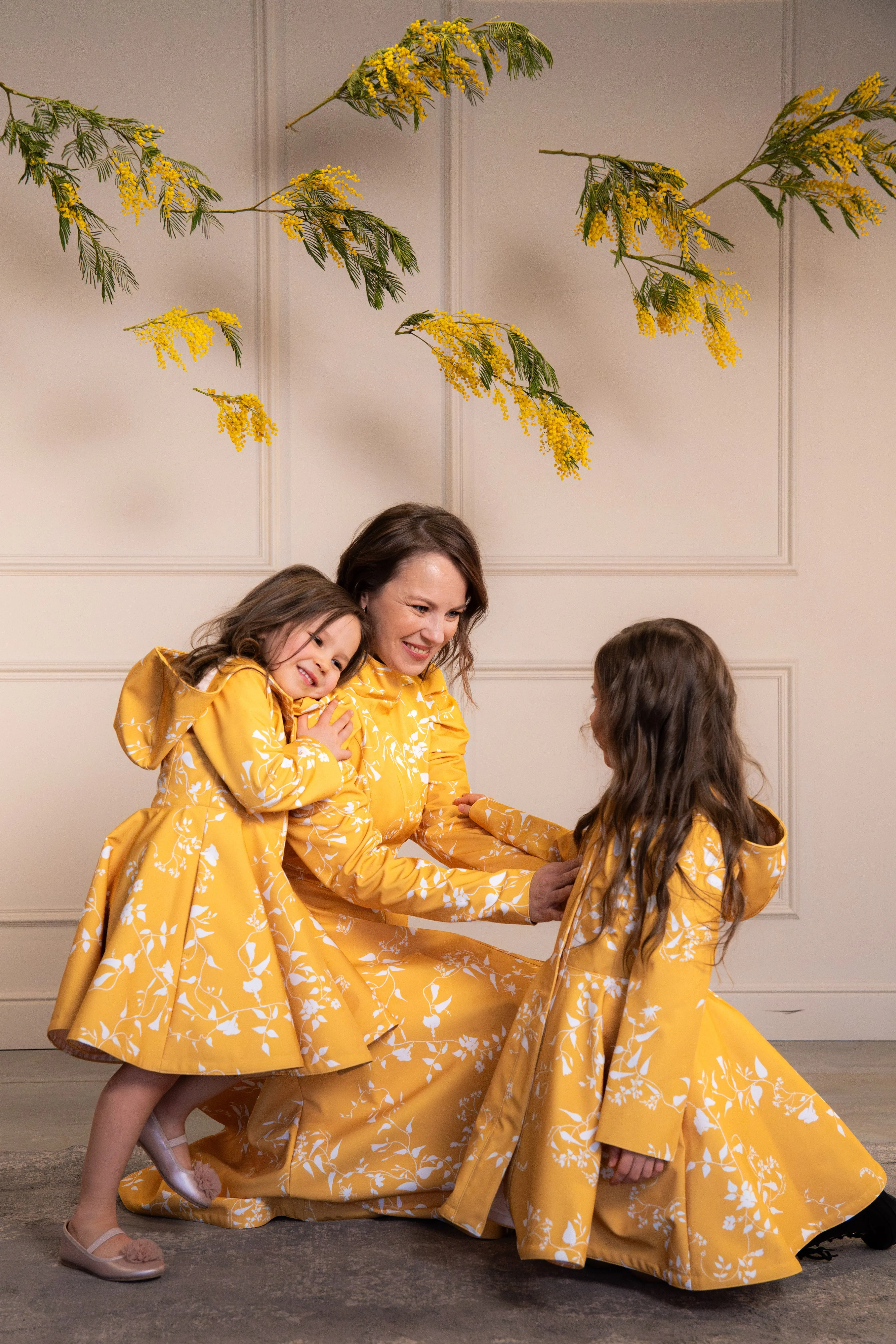 Fitted and Flared Coat for Girls in Yellow with White Floral Print | 'Majestic Yellow'