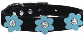 Flower Leather Collar Black With Baby Blue Flowers Size 16