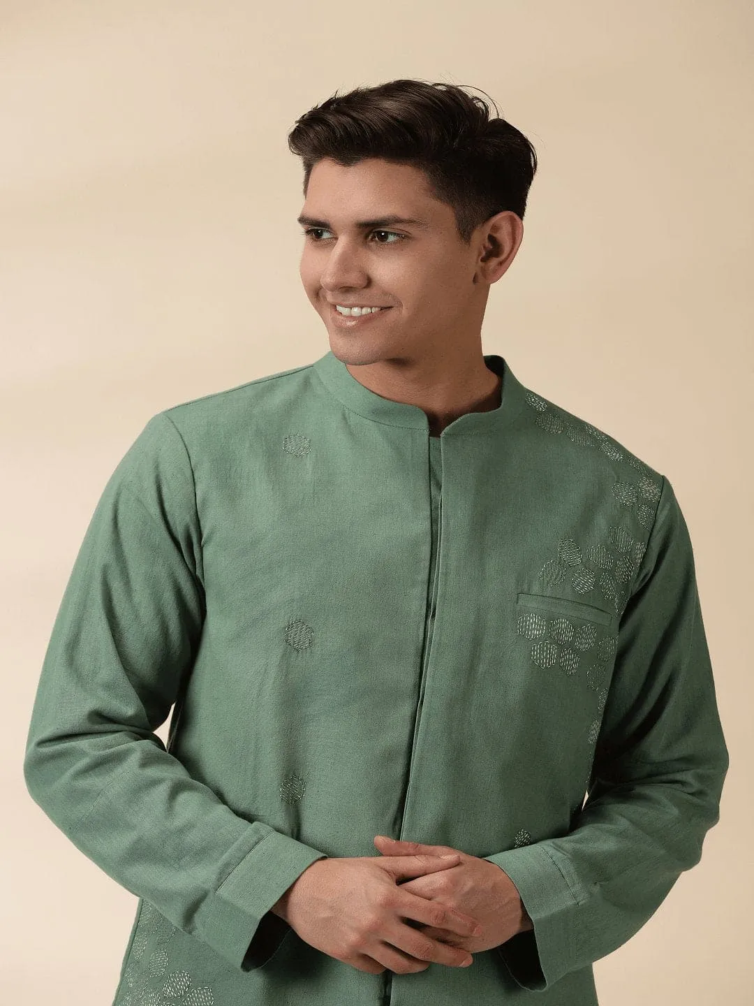 Green Long Jacket Style Men Kurta