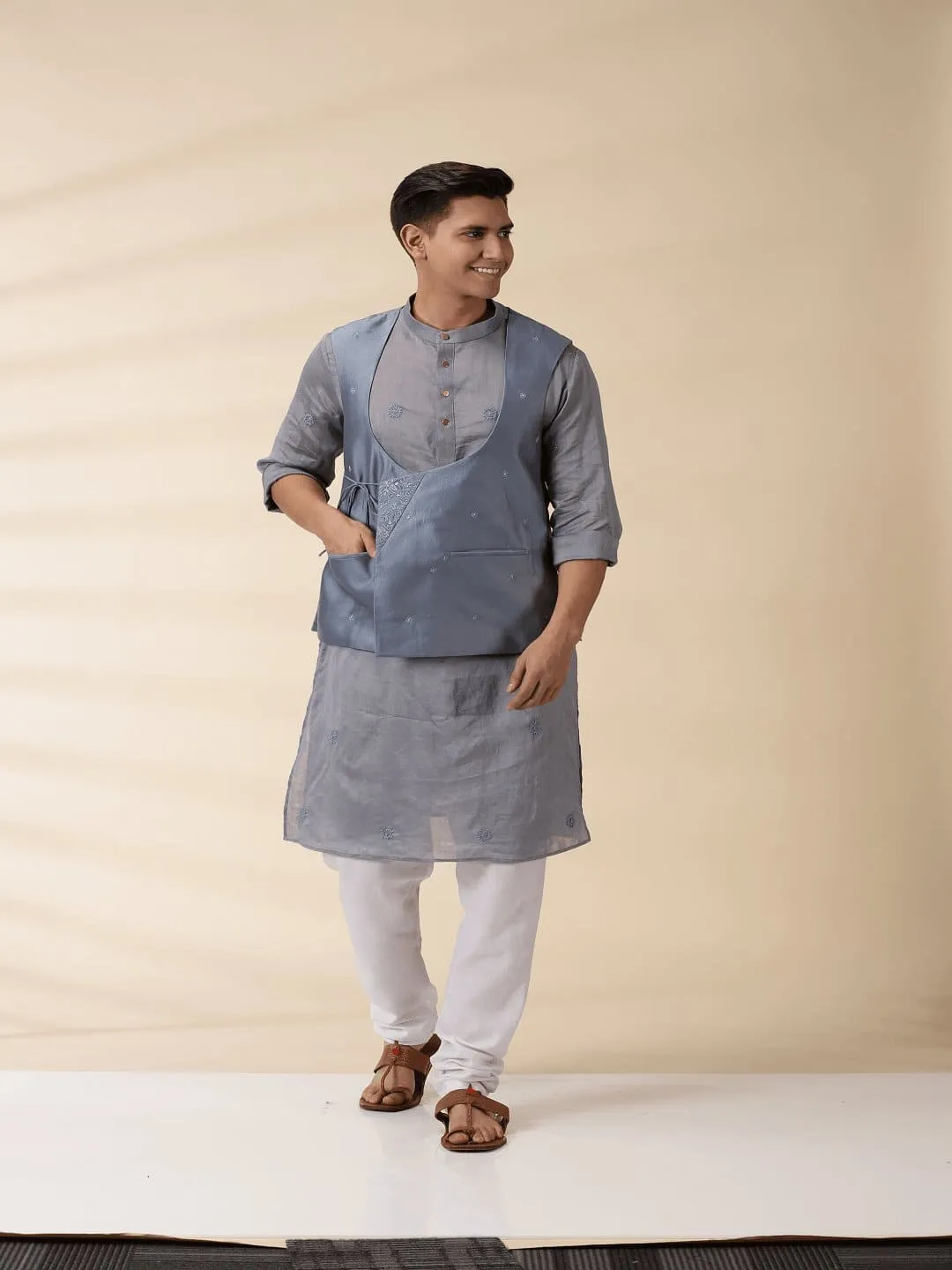 Grey Chanderi Men Achkan Nehru Jacket