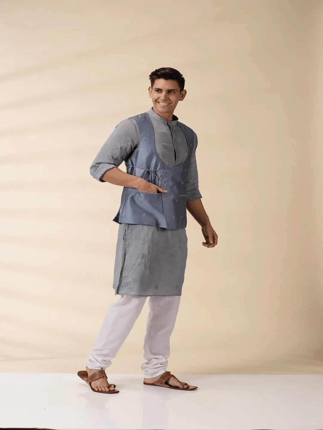 Grey Chanderi Men Achkan Nehru Jacket