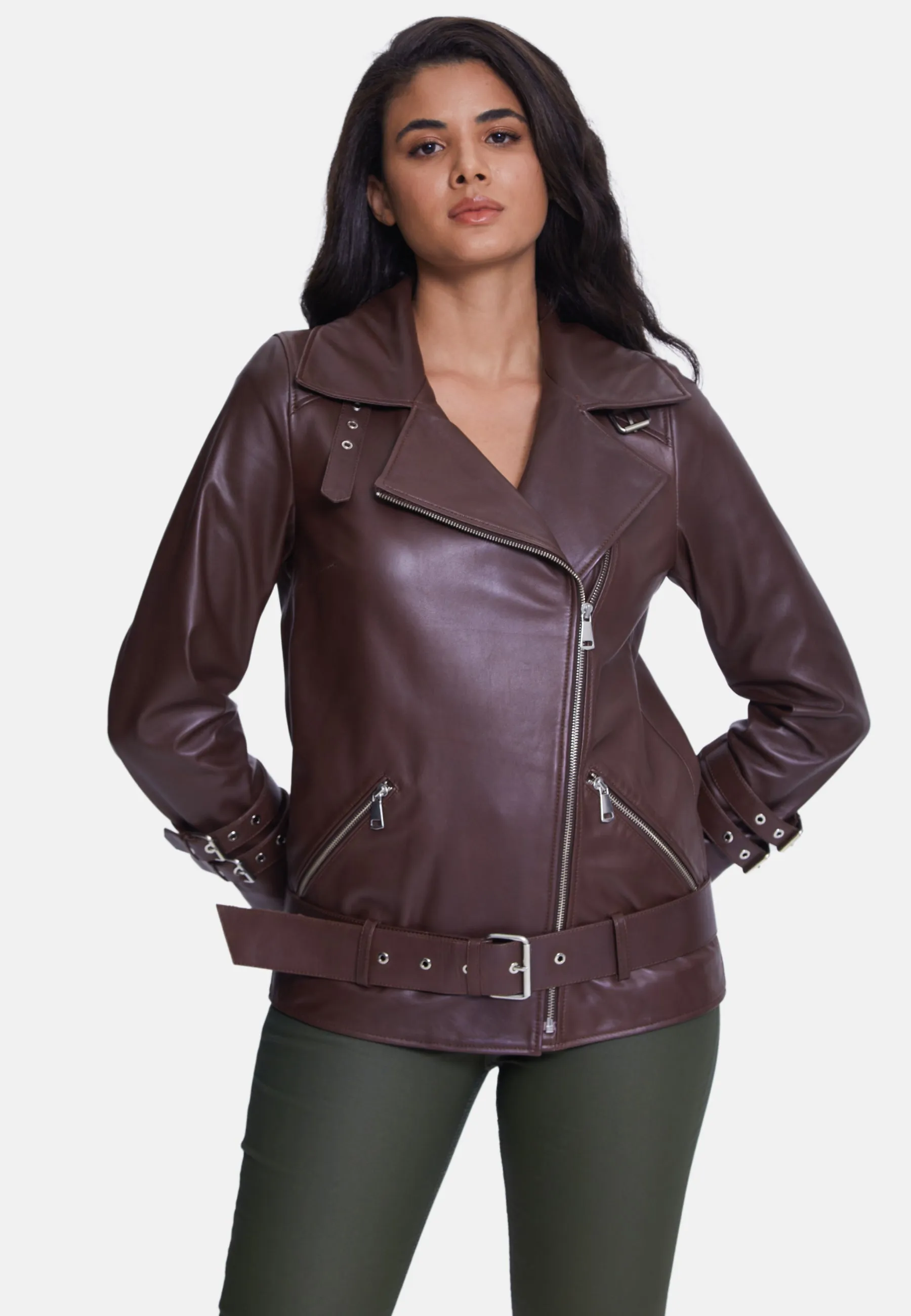 Harriet Leather Belted Biker Jacket,Nappa Brown