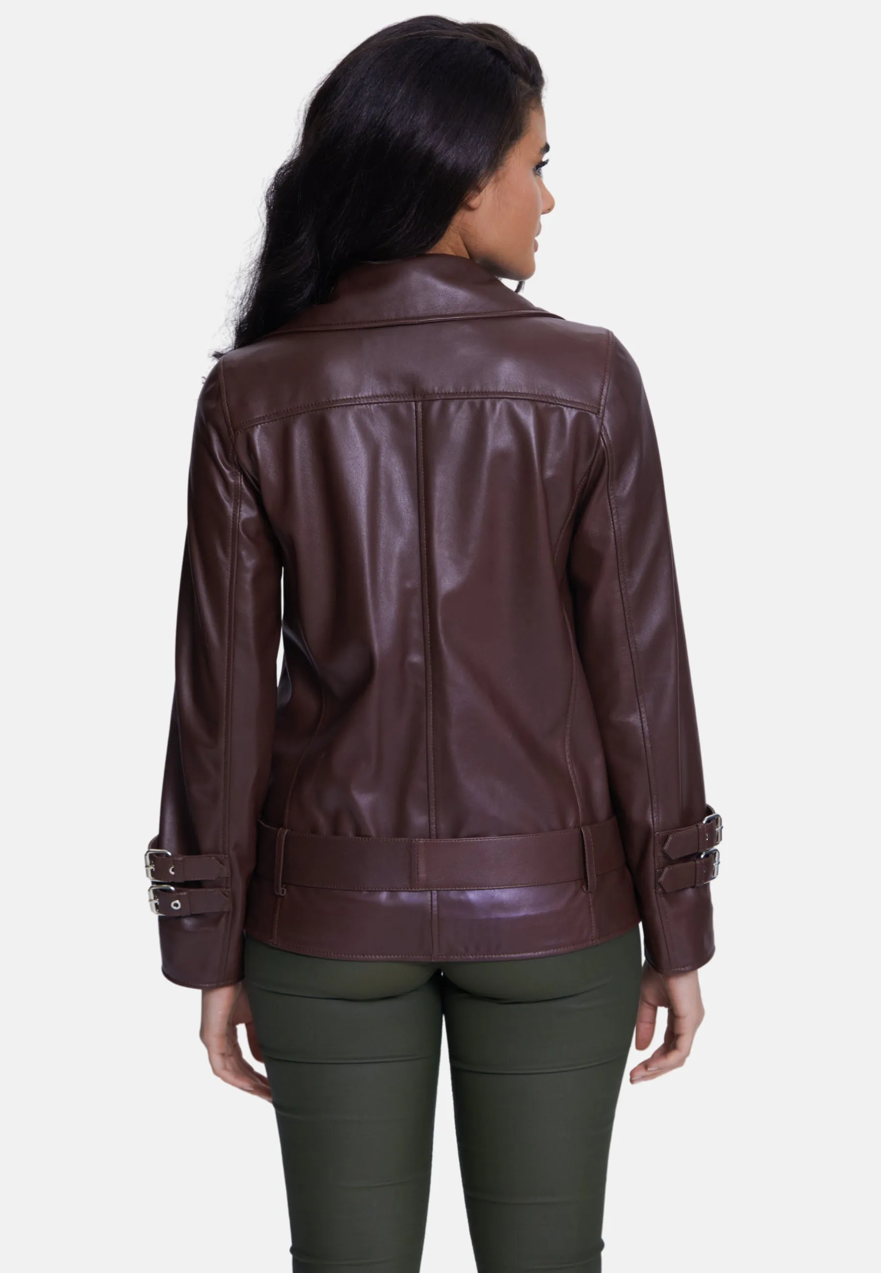 Harriet Leather Belted Biker Jacket,Nappa Brown