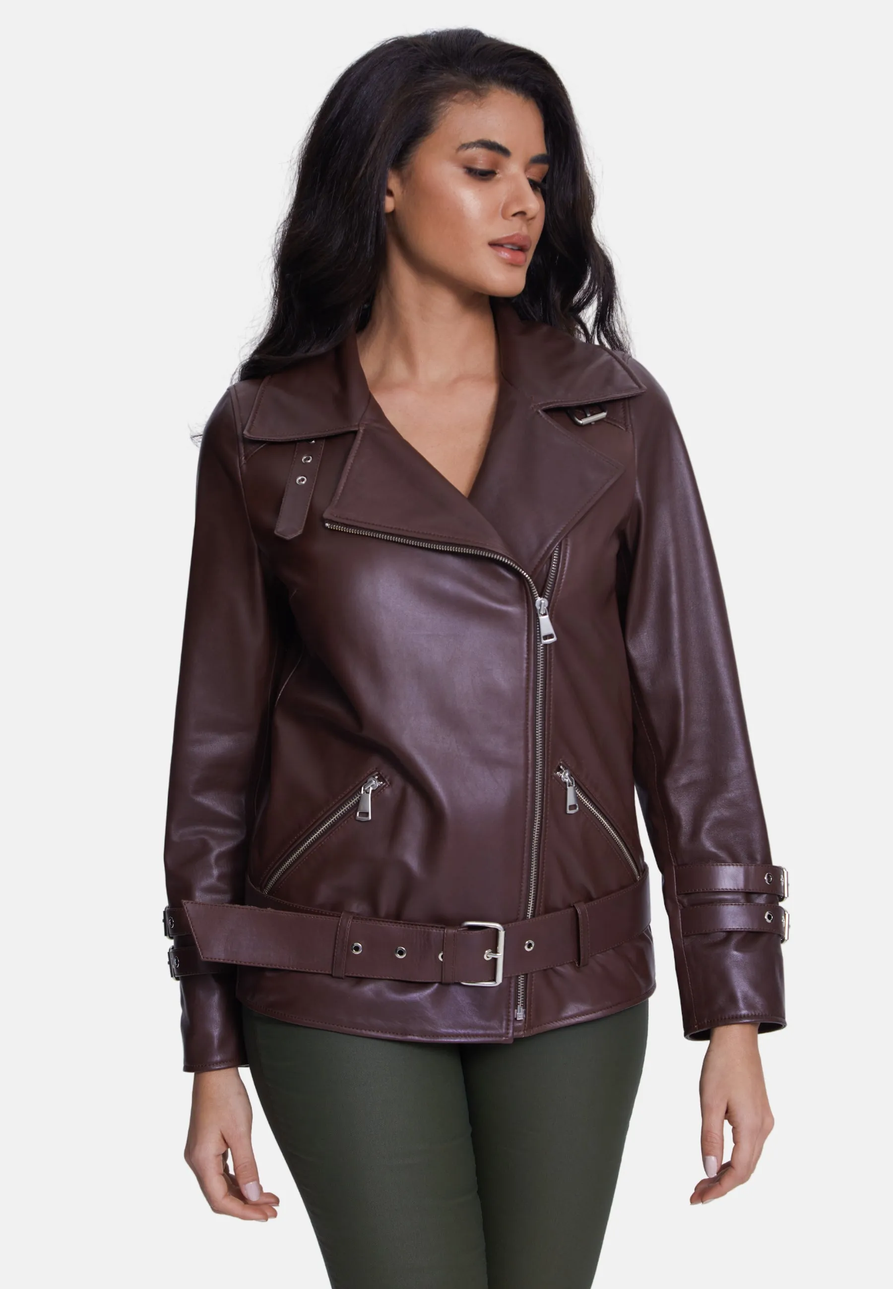 Harriet Leather Belted Biker Jacket,Nappa Brown