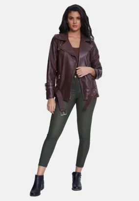 Harriet Leather Belted Biker Jacket,Nappa Brown