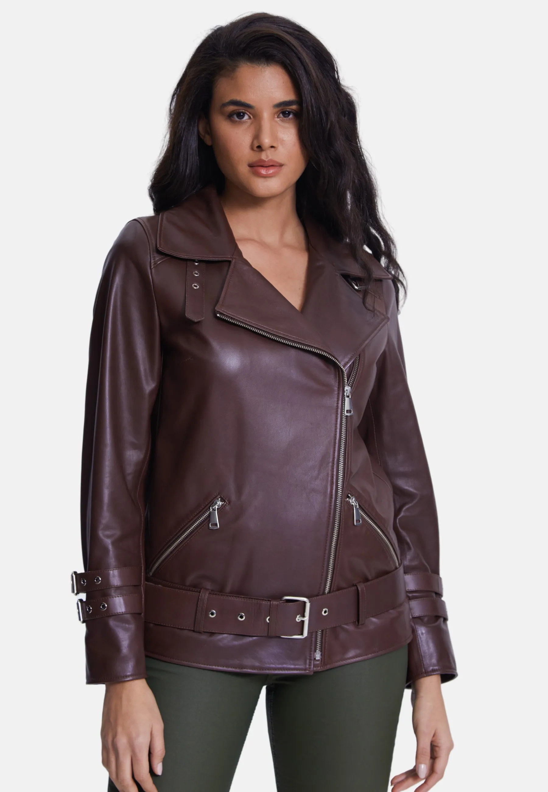 Harriet Leather Belted Biker Jacket,Nappa Brown