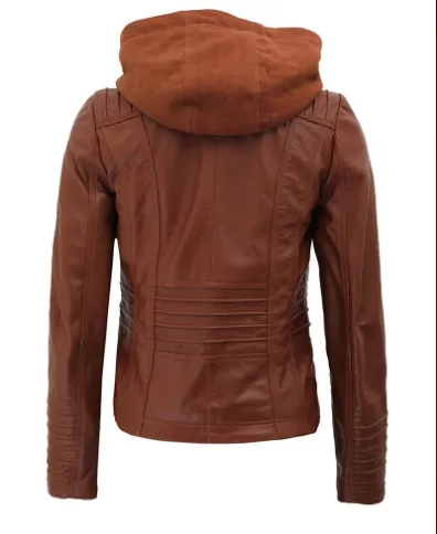 Helen Women's Brown Leather Jacket with Hood