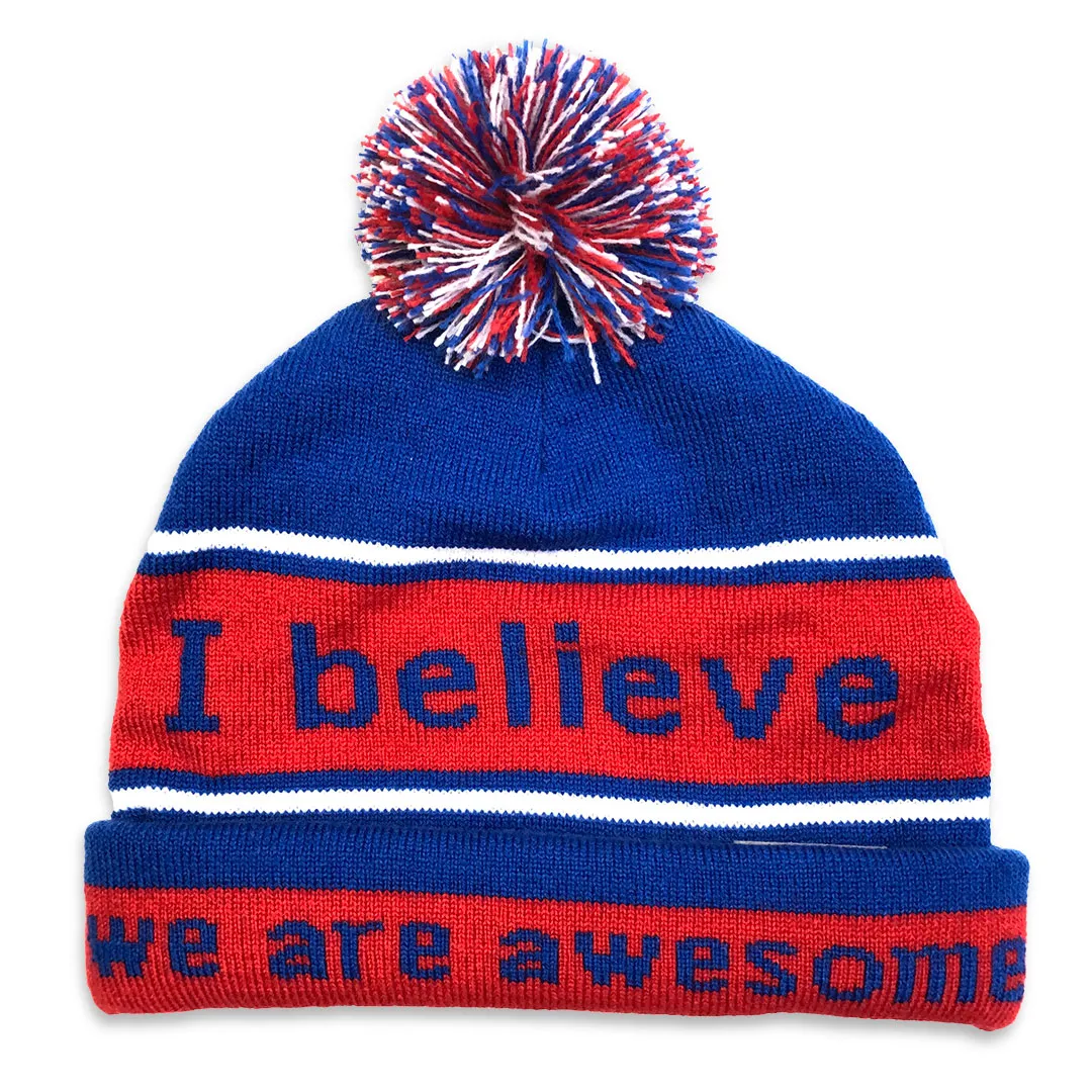 I believe™ blue & red knit beanie with We are awesome™ on inside cuff